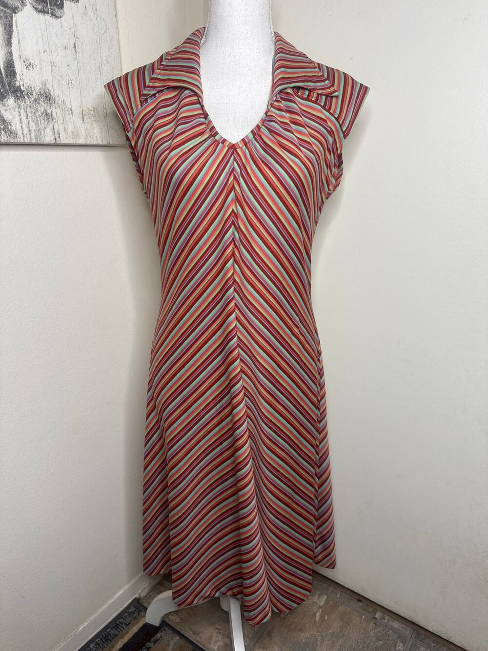 1970s Chevron Pattern Stripe Polyester Dress Dagger Collar Retro Disco Handmade